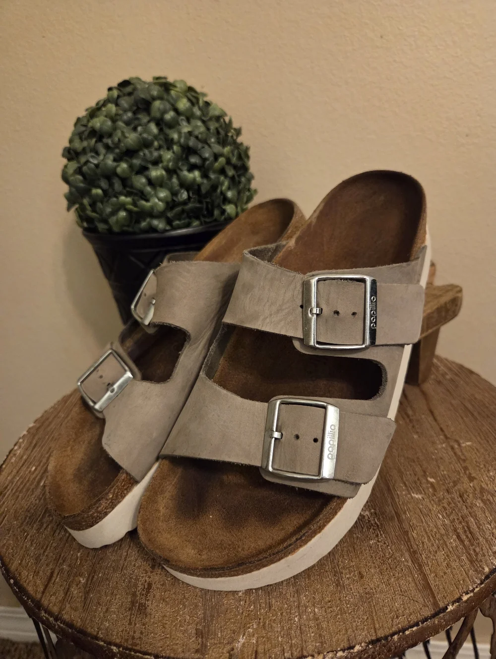 PAPILLIO By‎ BIRKENSTOCK Arizona Grey/Green Leather Two Strap Platform Sandal 40